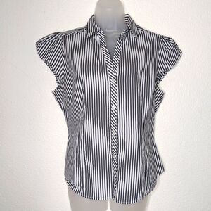 7Th Avenue Design Studio Navy and White Button Down Blouse Cap Sleeve‎ Size L